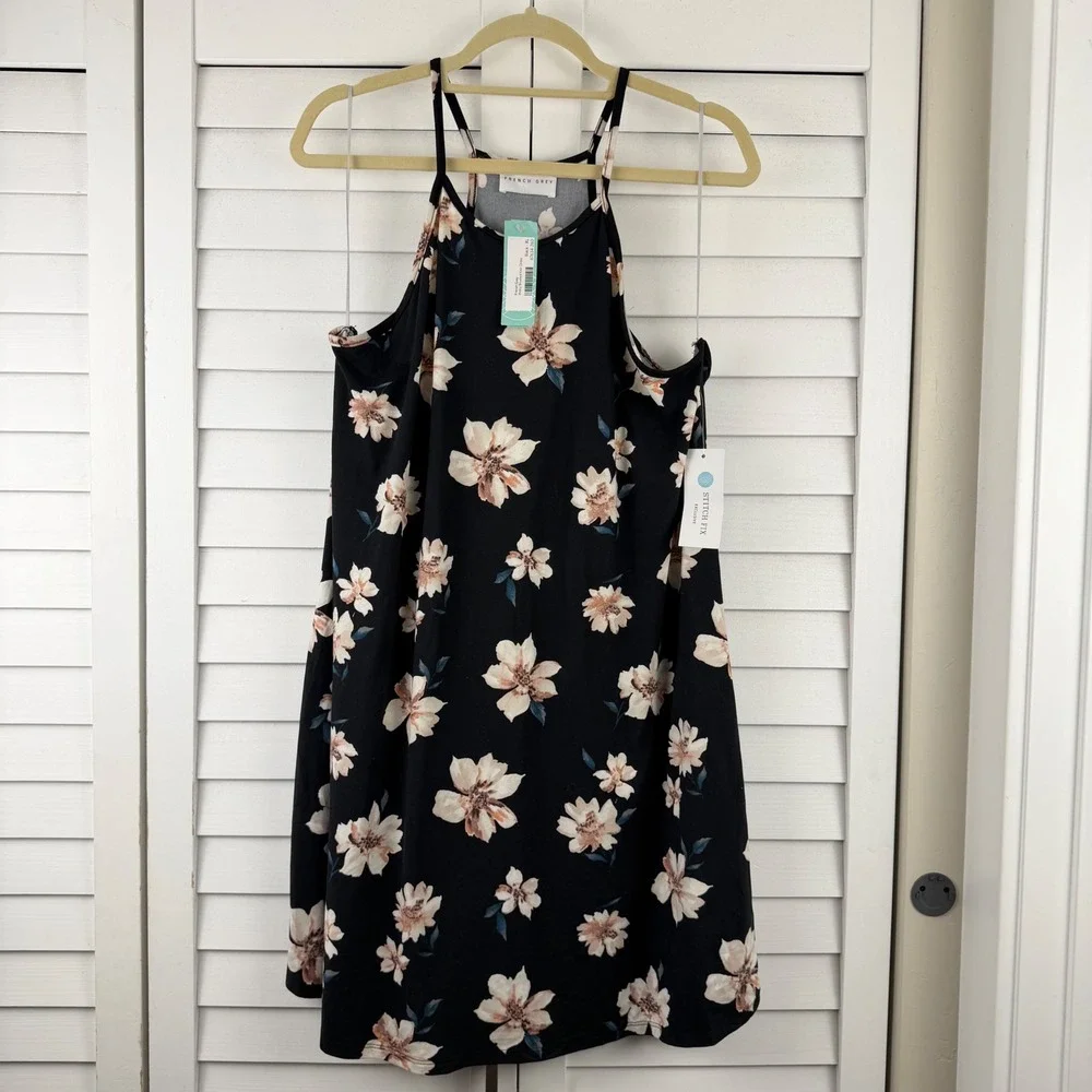 French Grey Melcy Brushed Knit Dress XL Black Floral High Neck NEW